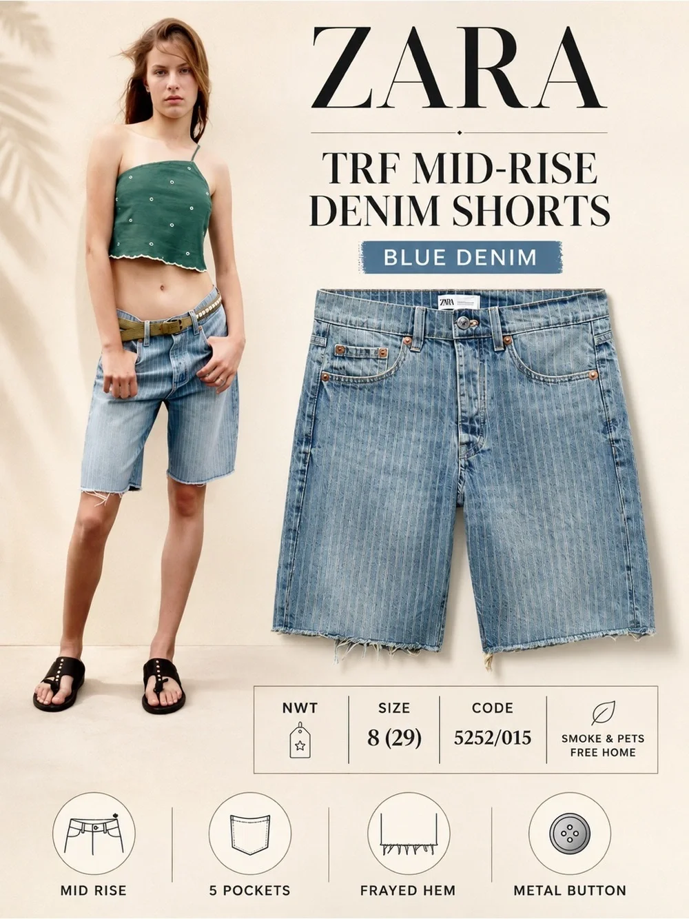 ZARA TRF Blue Mid-Rise Denim Shorts NWT Size 8 / 29